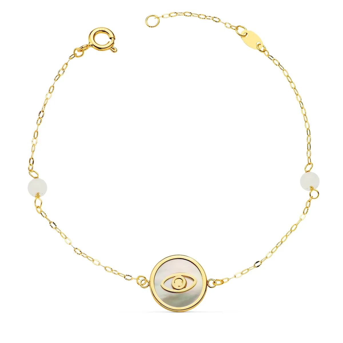 18K PULSERA ORO AMARILLO NACAR CON AMULETO OJO TURCO 12 MM Y BOLAS JADE 4 MM CADENA 18   2.5 CM