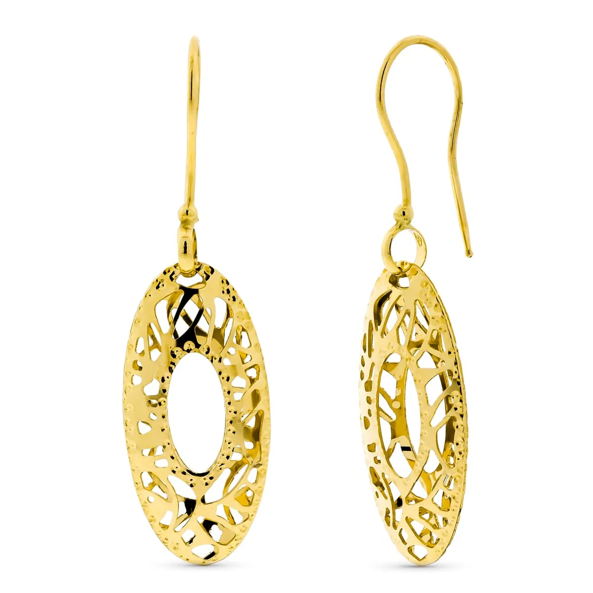 18K PENDIENTES ORO AMARILLO OVALES TALLADOS CALADOS. MEDIDA: 26 X 12,3 MM. CIERRE GANCHO