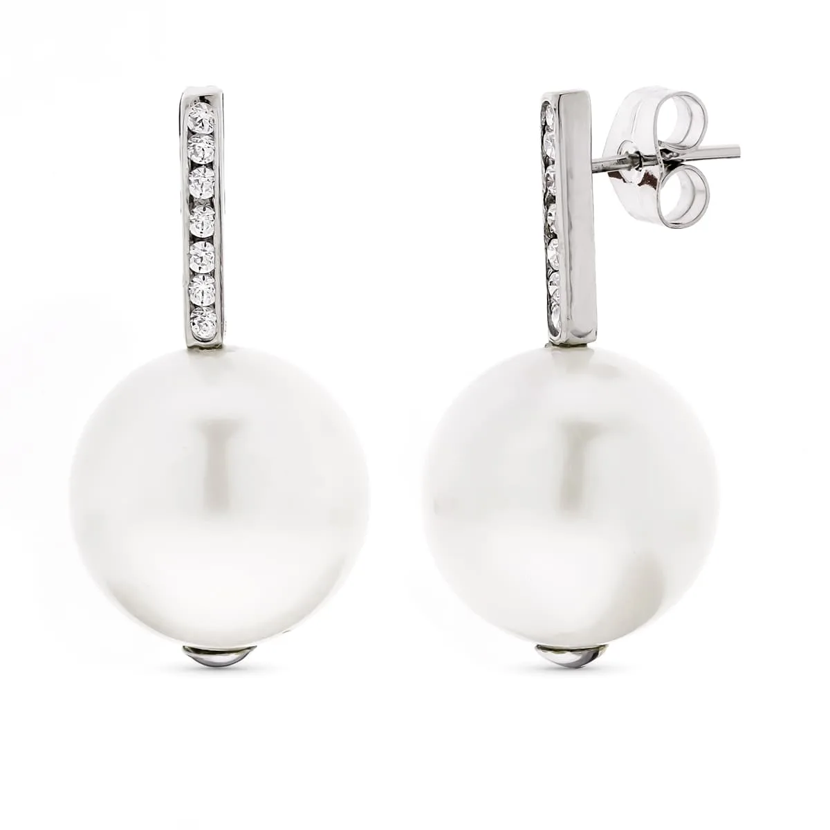 18K PENDIENTES ORO BLANCO LARGOS PERLA 14 MM Y CIRCONITA CIERRE PRESION