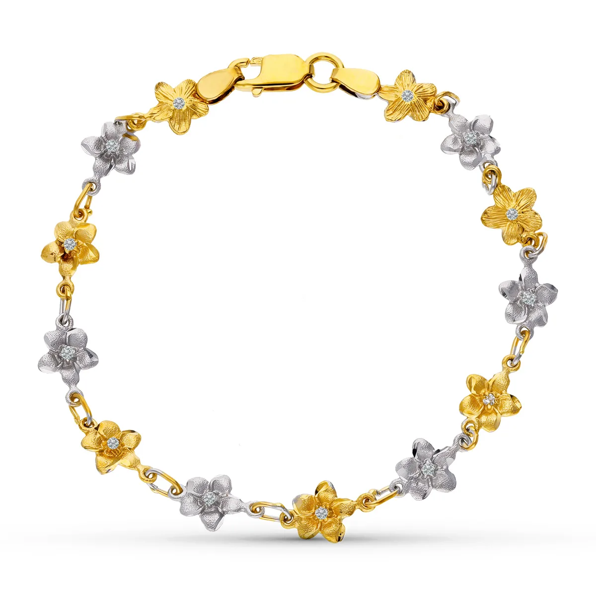 18K PULSERA ORO BICOLOR FLORES 18.5 CM