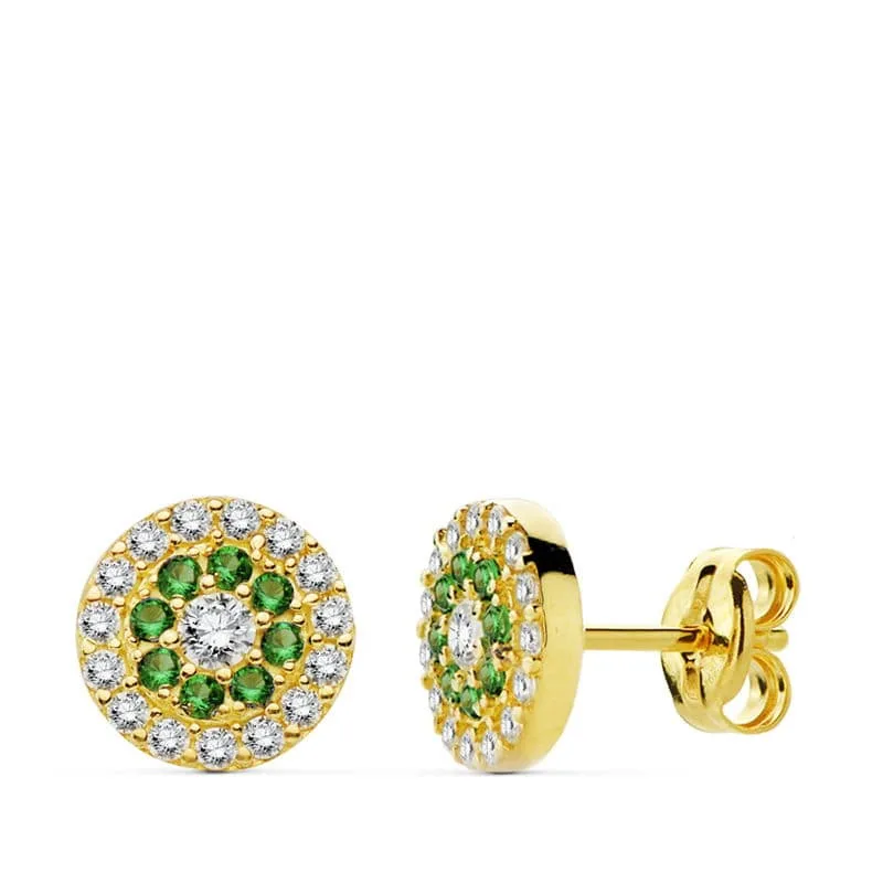 9K PENDIENTES CIRCONITAS BLANCAS Y VERDES 7MM CIERRE PRESION