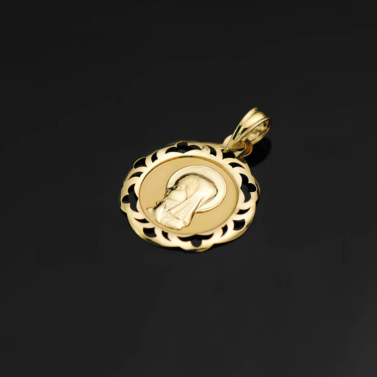 18K MEDALLA ORO AMARILLO VIRGEN NIÑA CERCO CALADO EN BRILLO 20X18 MM — vista 2