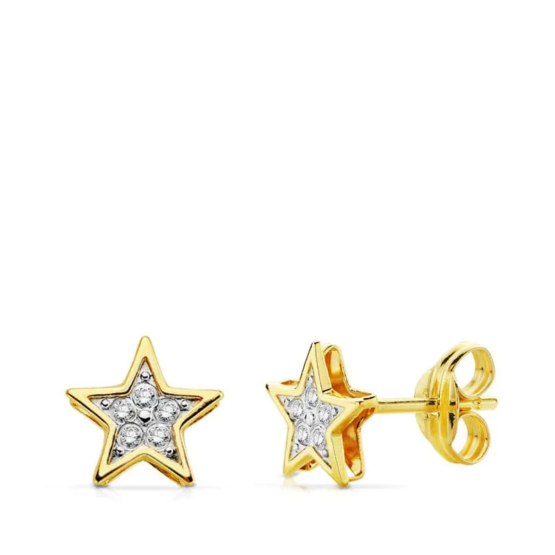18K PENDIENTES BICOLOR ESTRELLA 6.5X6.5 MM CIERRE PRESION