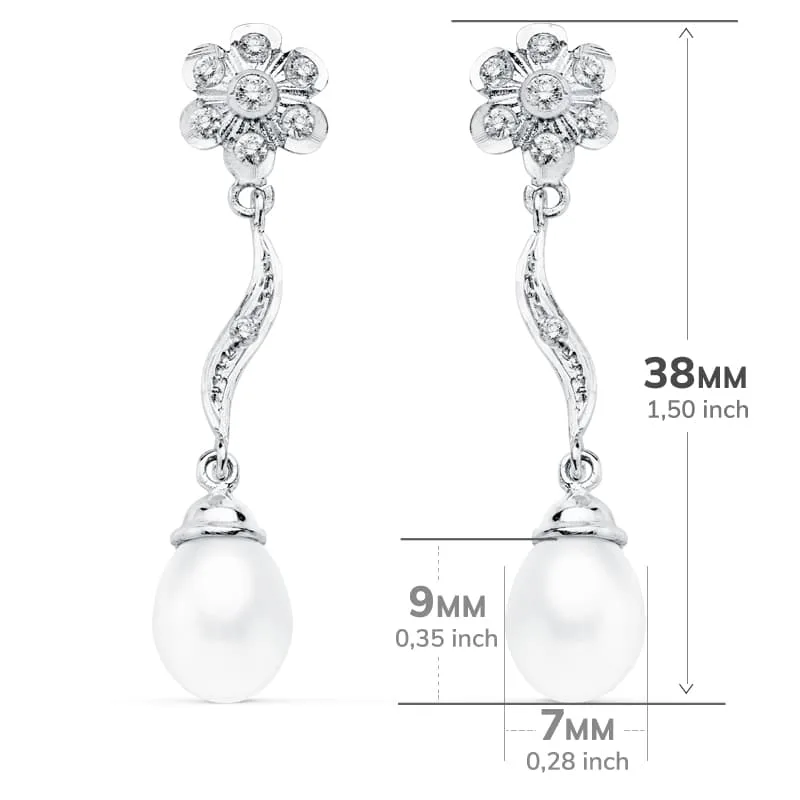 18K PENDIENTES ORO BLANCO PERLA 9X7 MM FLOR 38X8 MM CIERRE PRESION — vista 2