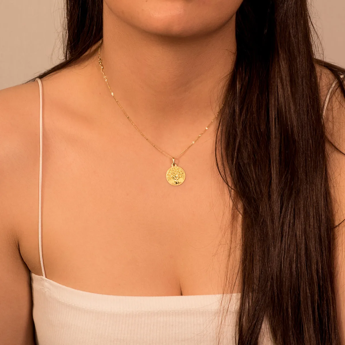 18K MEDALLA ORO AMARILLO ARBOL DE LA VIDA MATIZADA y BRILLO 16 MM — vista 3