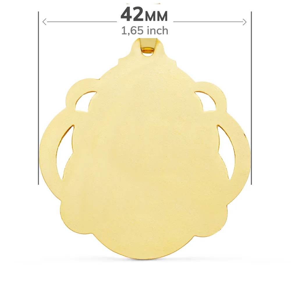 18K MEDALLA ORO AMARILLO VIRGEN DEL CARMEN PANDERETA CALADA 42 MM — vista 2