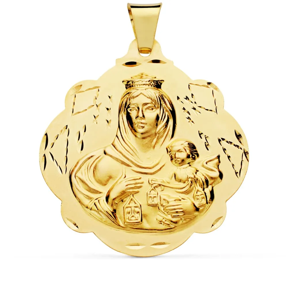 18K MEDALLA ORO AMARILLO VIRGEN DEL CARMEN PANDERETA 42 MM