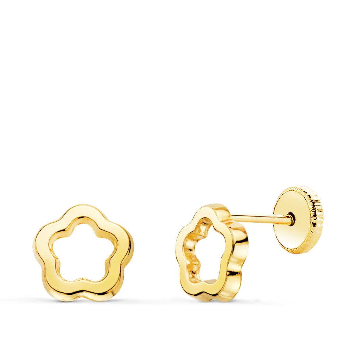 18K PENDIENTES ORO AMARILLO FLOR BRILLO CALADA 7 X 7 MM. CIERRE TUERCA