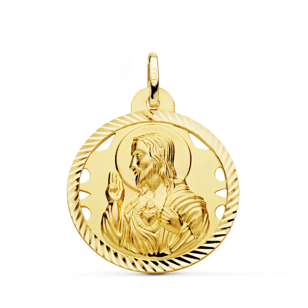 18K MEDALLA ORO AMARILLO CRISTO SAGRADO CORAZON DE JESUS HELICE CALADA 26 MM