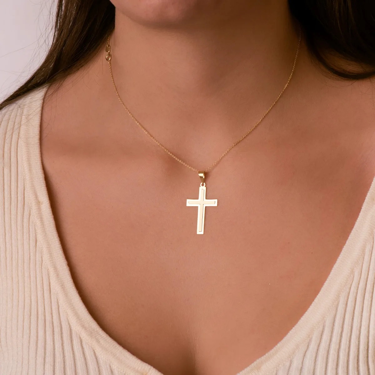 18K CRUZ ORO AMARILLO BRILLO Y MATE SIN CRISTO 32X20 MM — vista 2