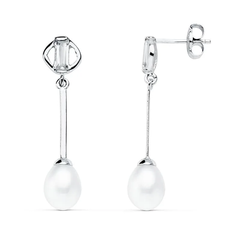18K PENDIENTES ORO BLANCO PERLA 29X6 MM CIERRE PRESION