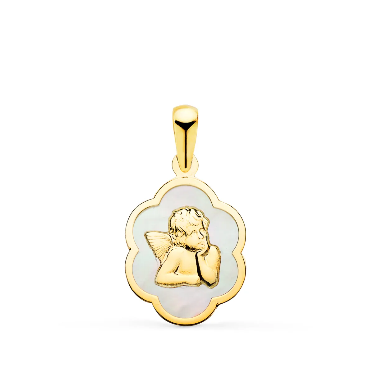18K COLGANTE ORO AMARILLO NUBE CON ANGEL BURLON Y NACAR BLANCO 15 X 12 MM