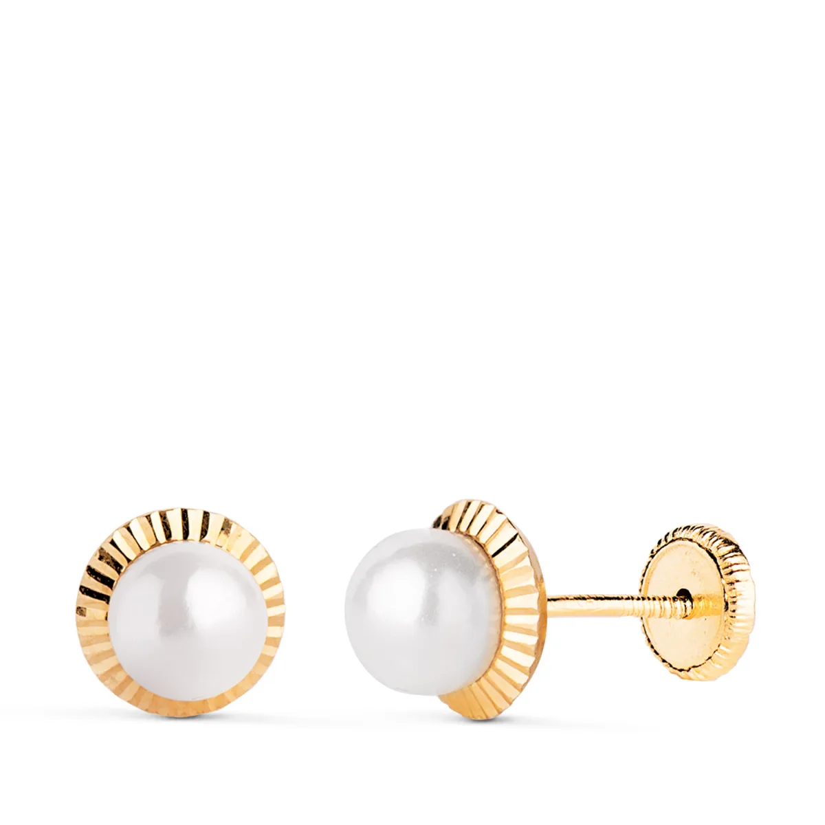 18K PENDIENTES ORO AMARILLO PERLA ORLA TALLADA 7 MM. CIERRE TUERCA