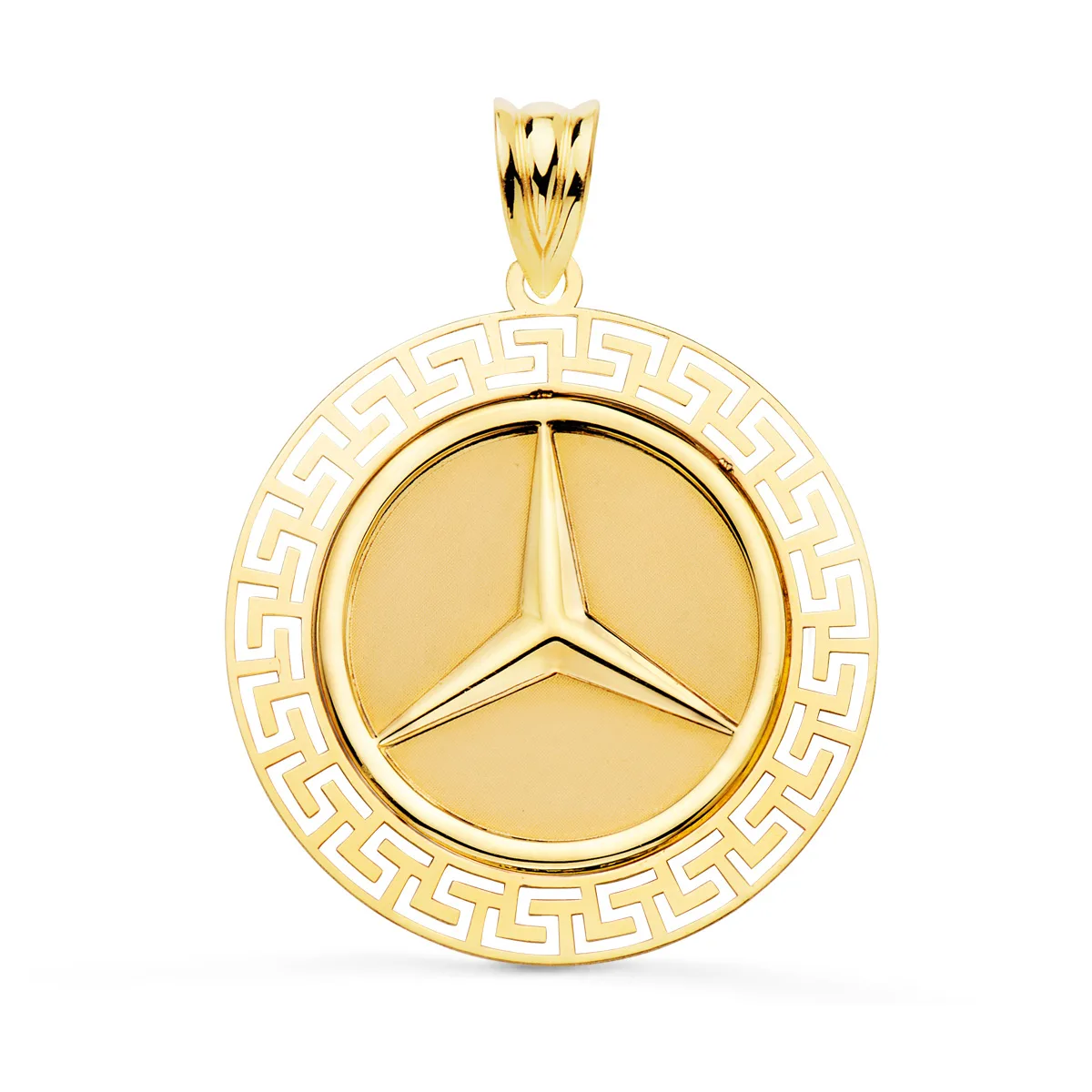 18K MEDALLA ORO AMARILLO ESTRELLA TRES PUNTAS CON BORDE DE GRECA CALADA. 27 MM