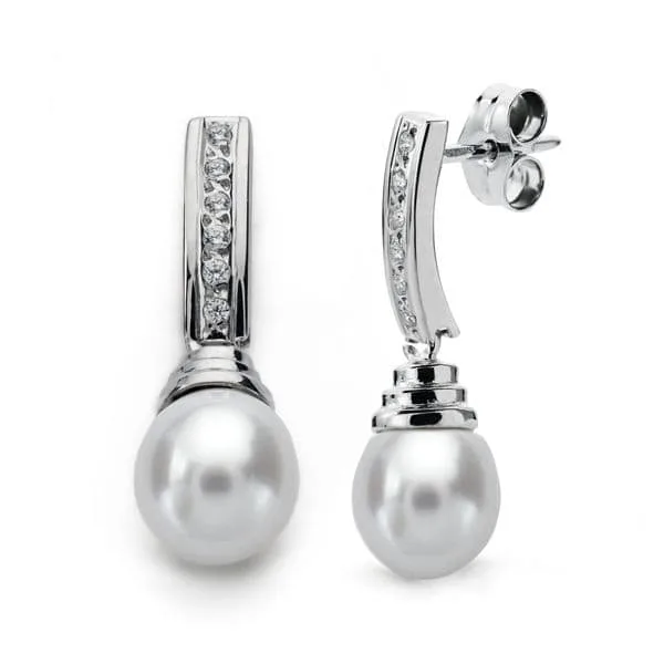 18K PENDIENTES ORO BLANCO PERLA 25X8 MM CIERRE PRESION