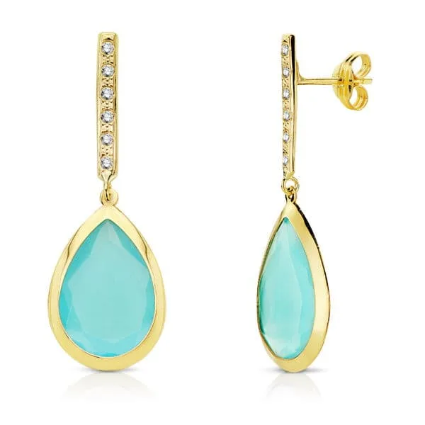 18K PENDIENTES PIEDRA AZUL ORO AMARILLO 33X12 MM CIERRE PRESION