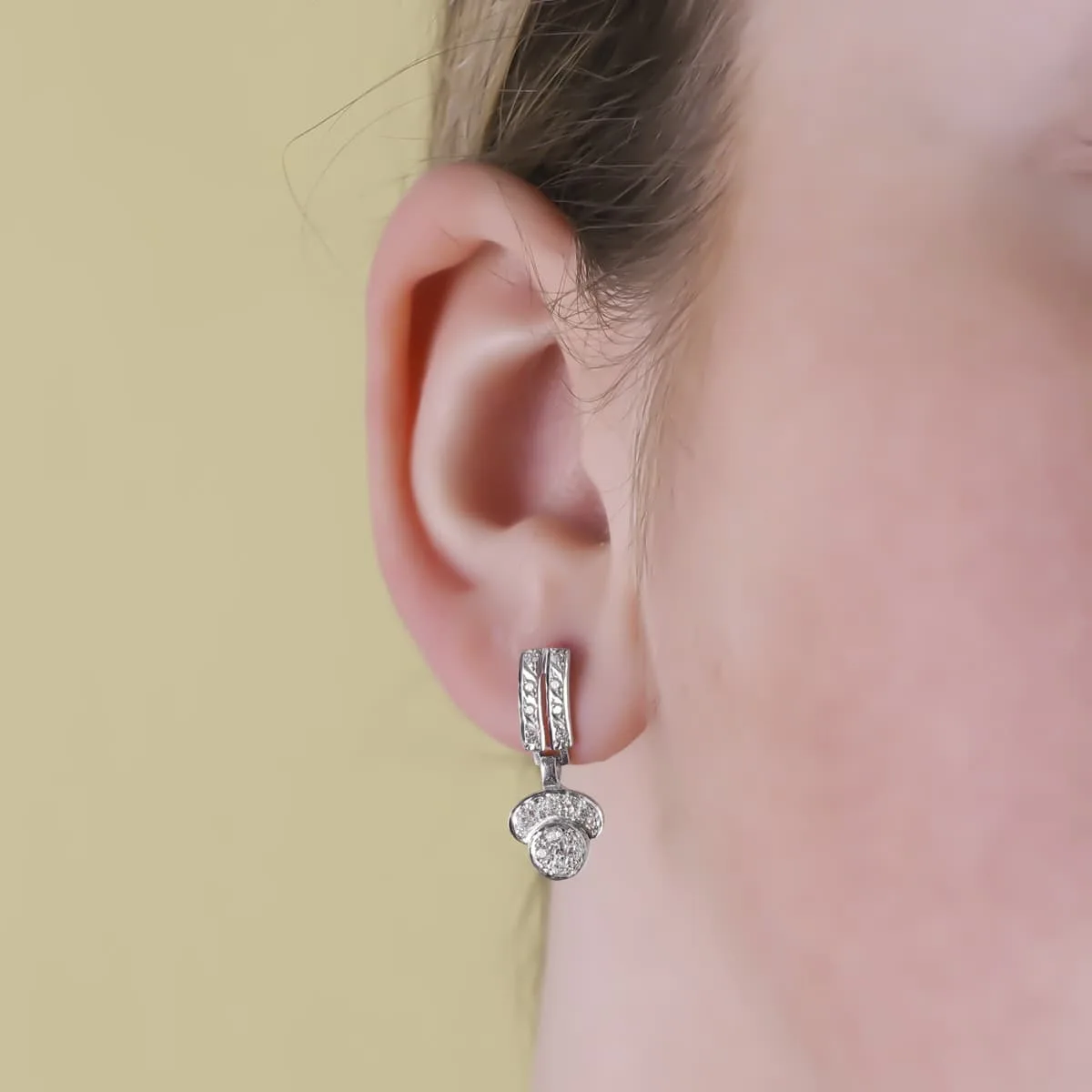 18K PENDIENTES ORO BLANCO JUEGO NOVIA DOS CUERPOS CIRCONITA 20X9 MM PRESION — vista 2