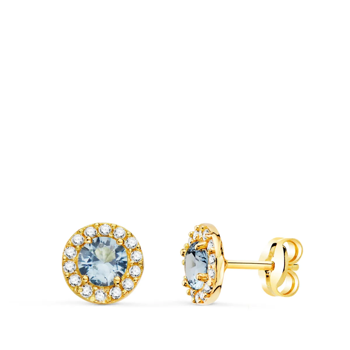 18K PENDIENTES ORO AMARILLO REDONDOS CIRCONITA Y AGUA MARINA 6,5 MM. CIERRE PRESION