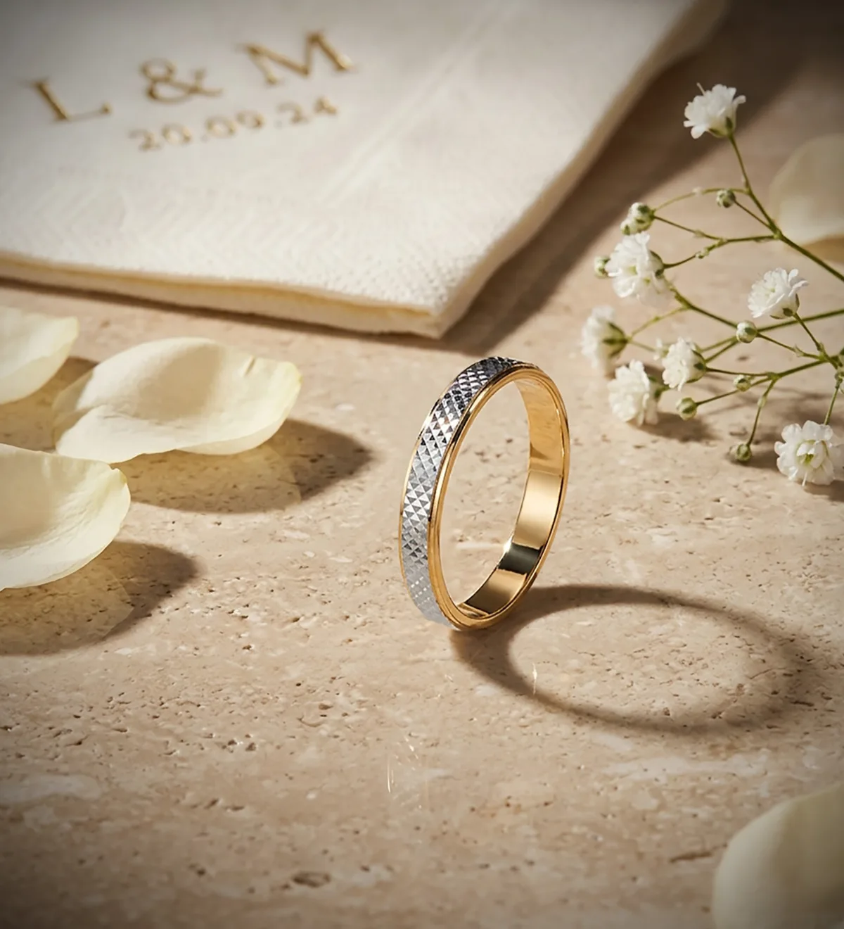 18K ALIANZA ORO BICOLOR TALLADA Y BORDES EN BRILLO. ANCHO: 3 MM. TALLA: 28 — vista 2