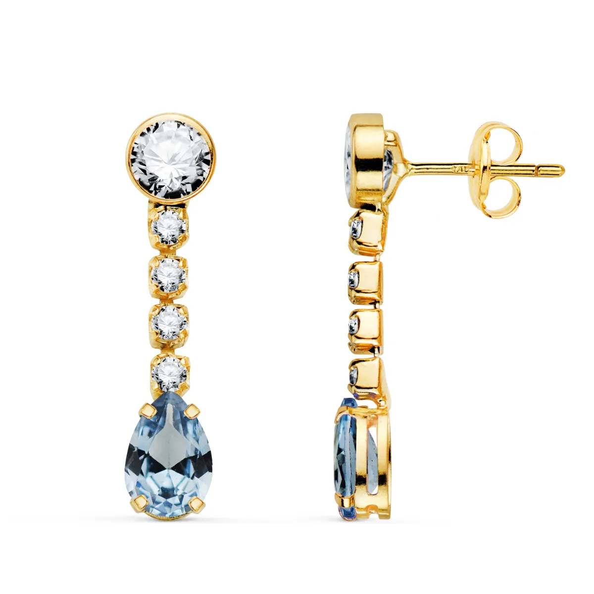 18K PENDIENTES ORO AMARILLO AGUAMARINA EN FORMA DE GOTA Y CIRCONITAS. 22X5 MM. CIERRE PRESION