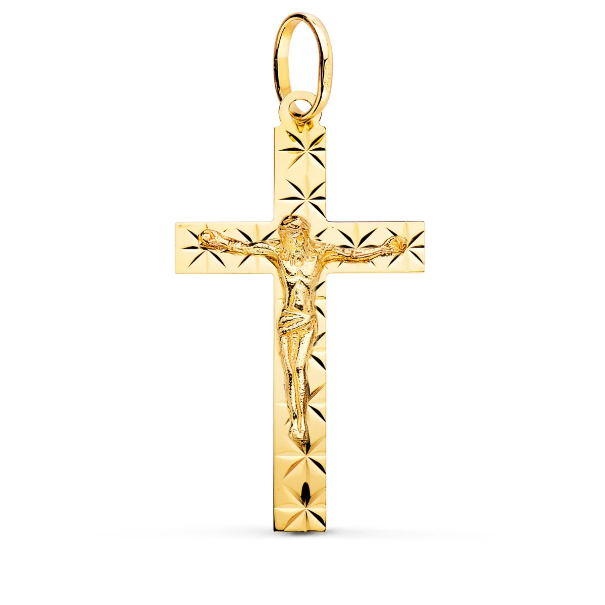18K CRUZ ORO AMARILLO CON CRISTO TALLADA 34X19 MM
