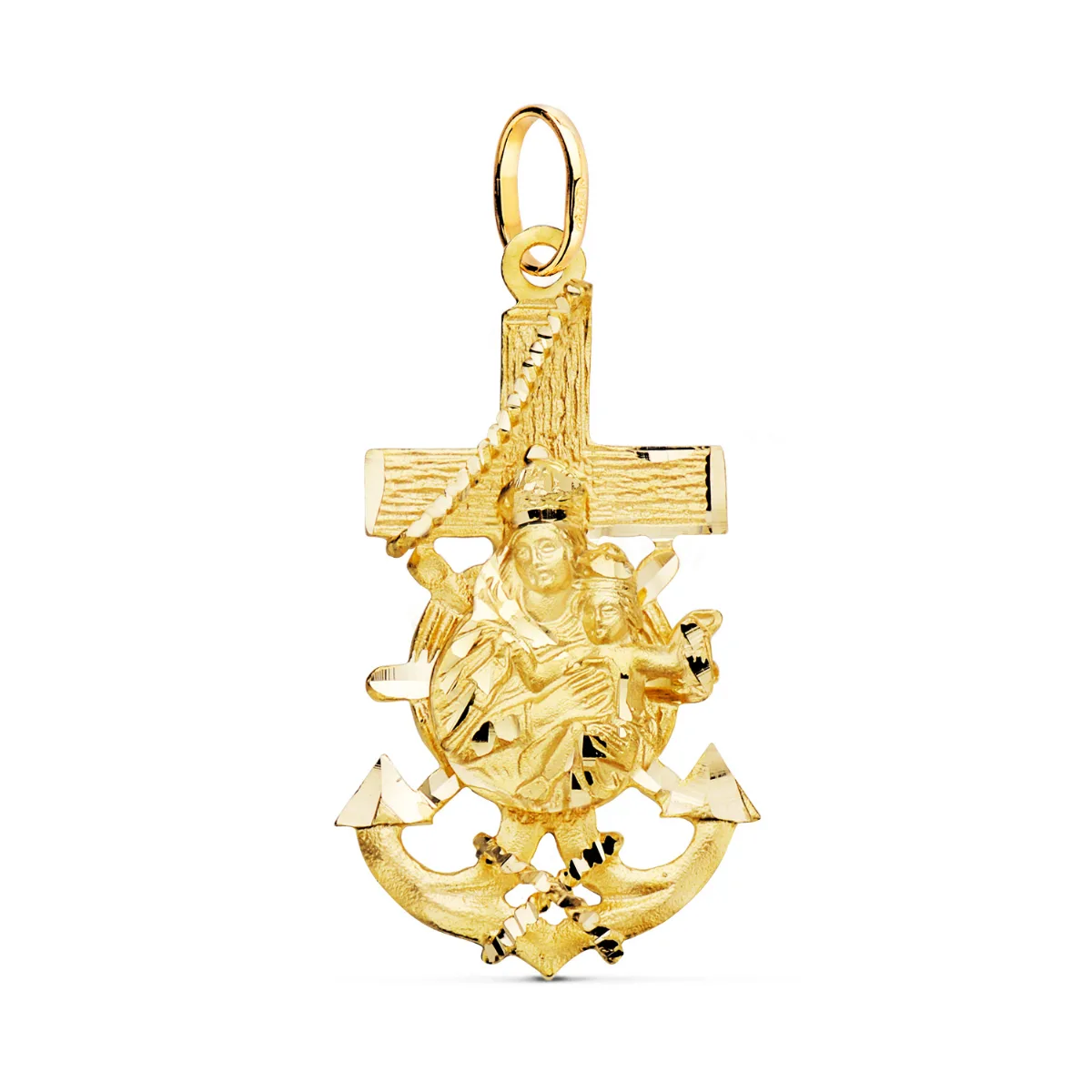 18K CRUZ MARINERA ORO AMARILLO VIRGEN DEL CARMEN TALLADA 40X22 MM