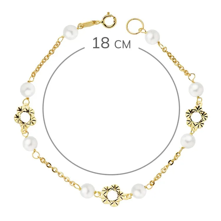 18K PULSERA ORO AMARILLO FLOR Y PERLAS 5 MM 18CM — vista 2