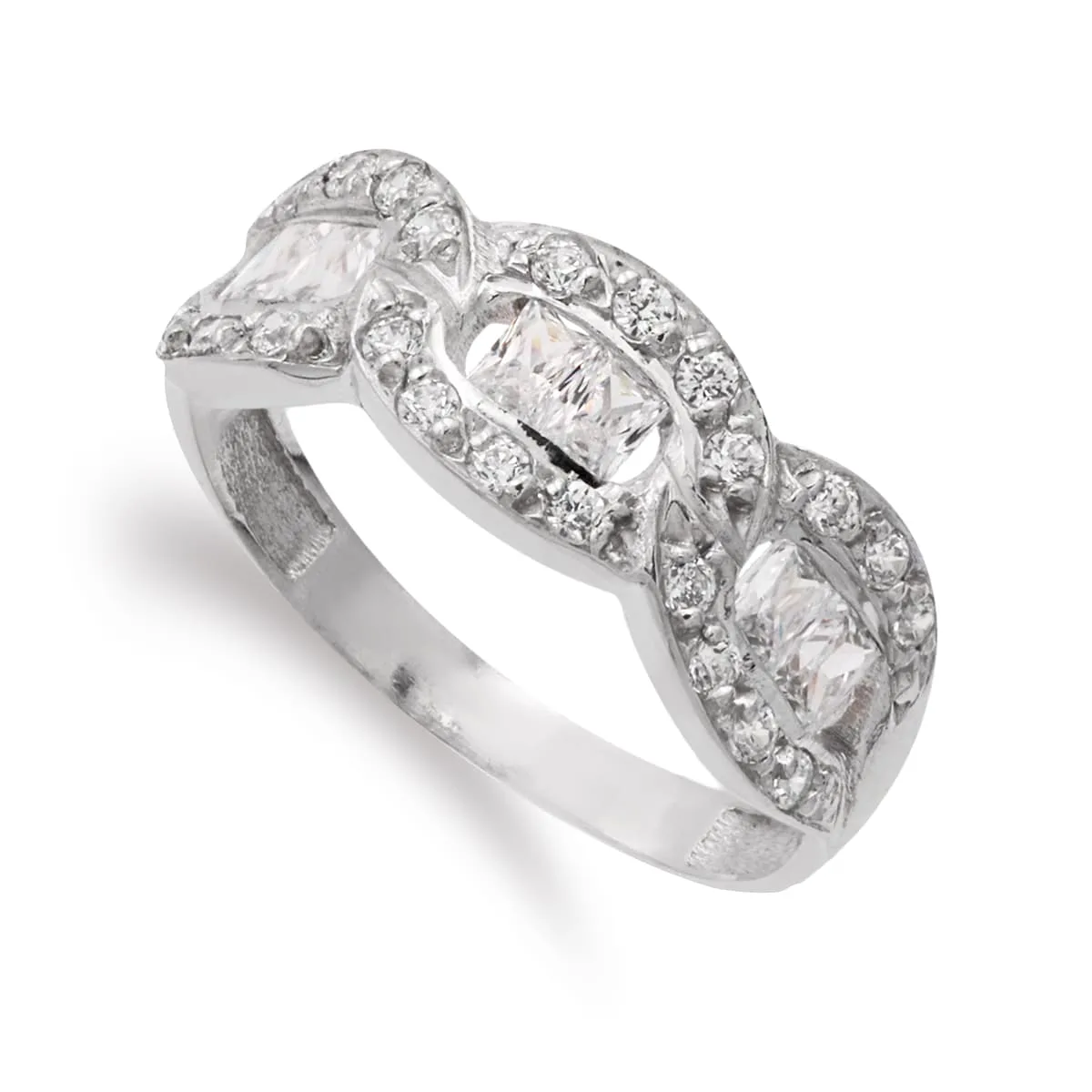 18K SORTIJA ORO BLANCO CON TRES MOTIVOS OVALES Y CIRCONITAS. ANCHO: 7 MM