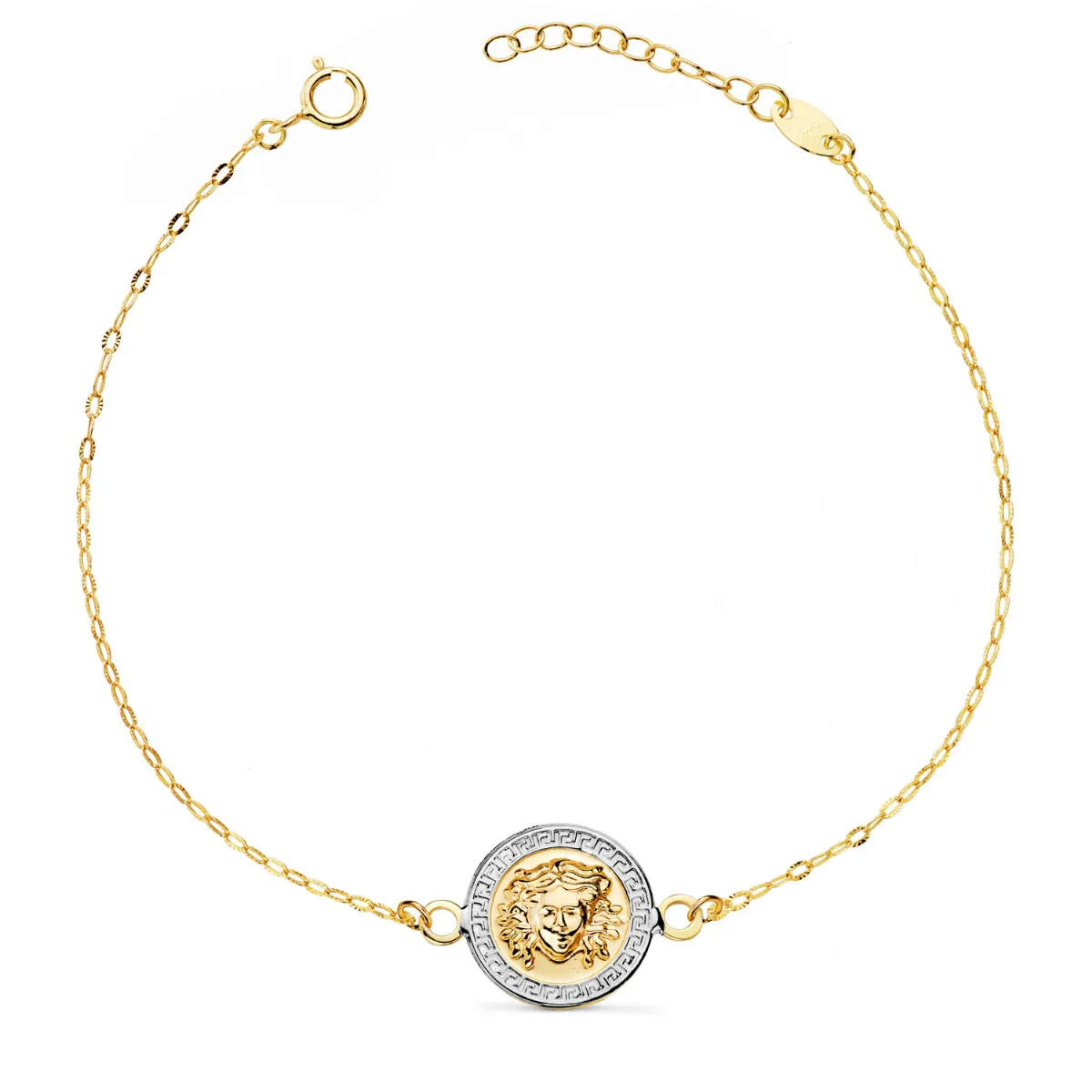 18K PULSERA ORO BICOLOR MEDUSA BRILLO 12MM CADENA TALLADA. LARGO: 18-3 CM