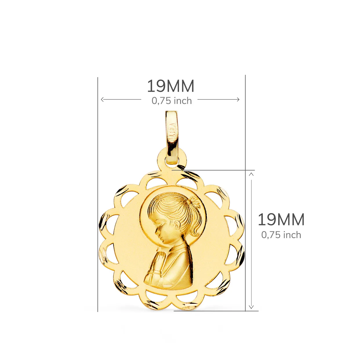 18K MEDALLA ORO AMARILLO PANDERETA VIRGEN NIÑA PERFIL MATIZADA Y CALADA 19 MM — vista 3