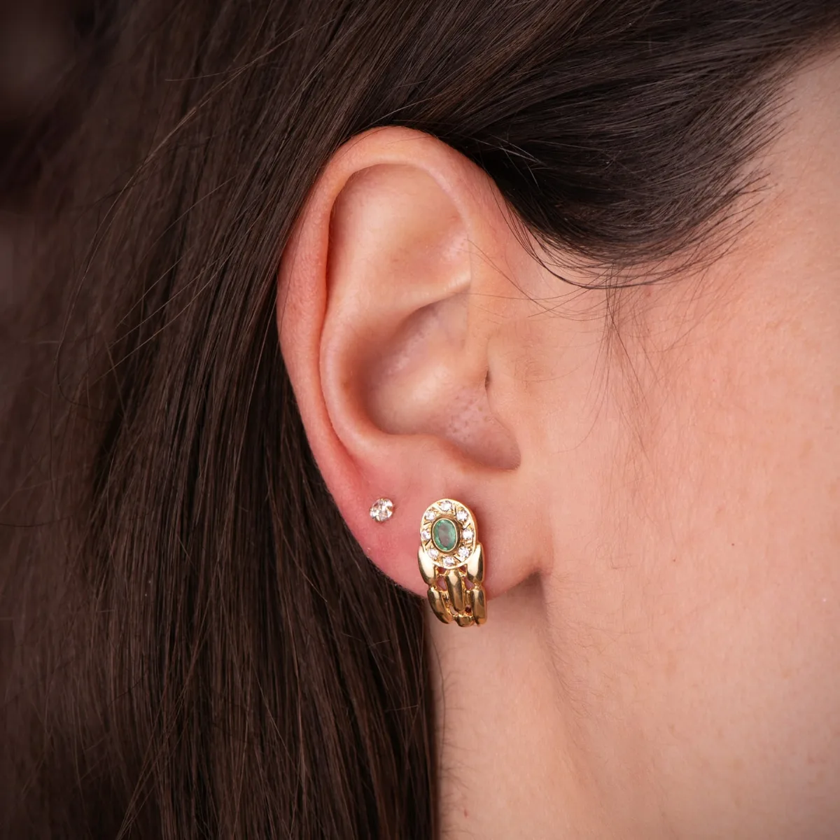18K PENDIENTES ORO AMARILLO PANTER CON ESMERALDA Y CIRCONITAS. 16 X 8 MM. CIERRE CATALAN — vista 3