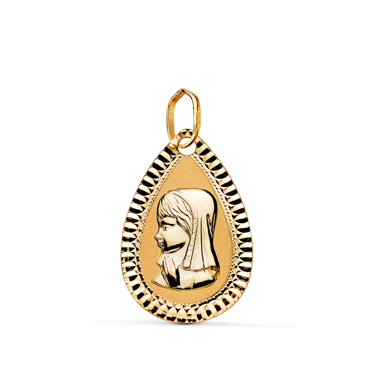 18K MEDALLA ORO AMARILLO VIRGEN NIÑA LAGRIMA TALLADA MATE Y BRILLO. MEDIDA: 20X13 MM