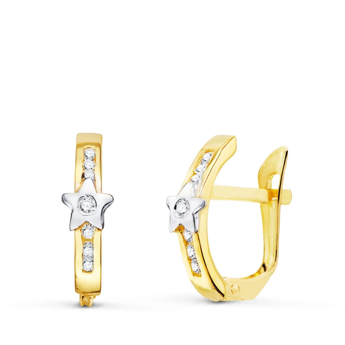 18K PENDIENTES ORO BICOLOR ESTRELLAS Y CIRCONITA 13X3 MM CIERRE CATALAN