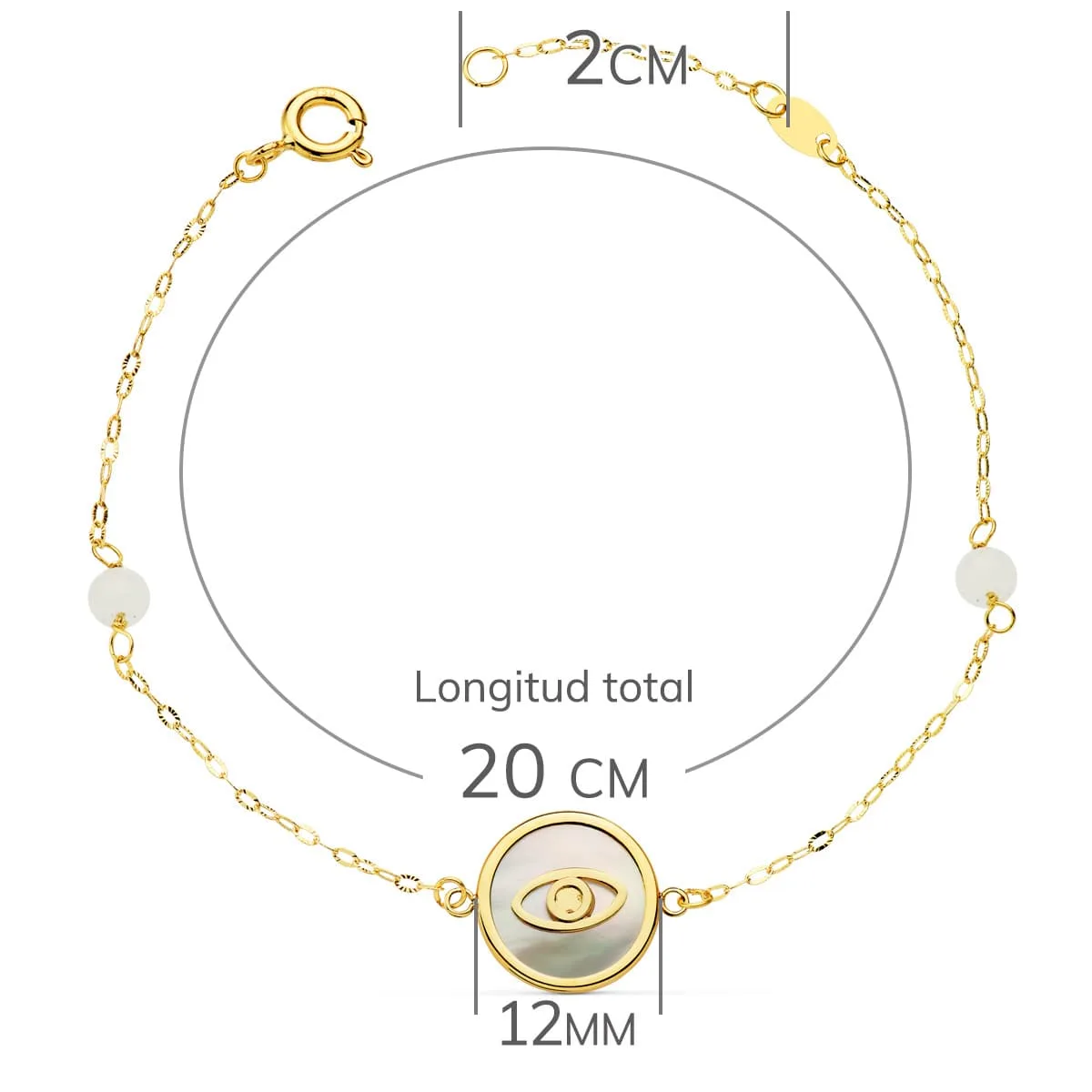 18K PULSERA ORO AMARILLO NACAR CON AMULETO OJO TURCO 12 MM Y BOLAS JADE 4 MM CADENA 18   2.5 CM — vista 2
