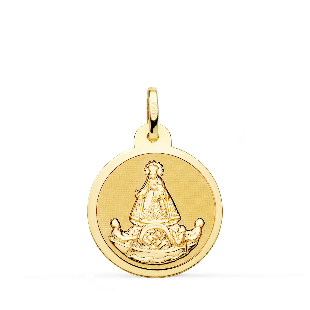 18K MEDALLA ORO AMARILLO VIRGEN DE LA CARIDAD DEL COBRE BALSA BRILLO 20 MM