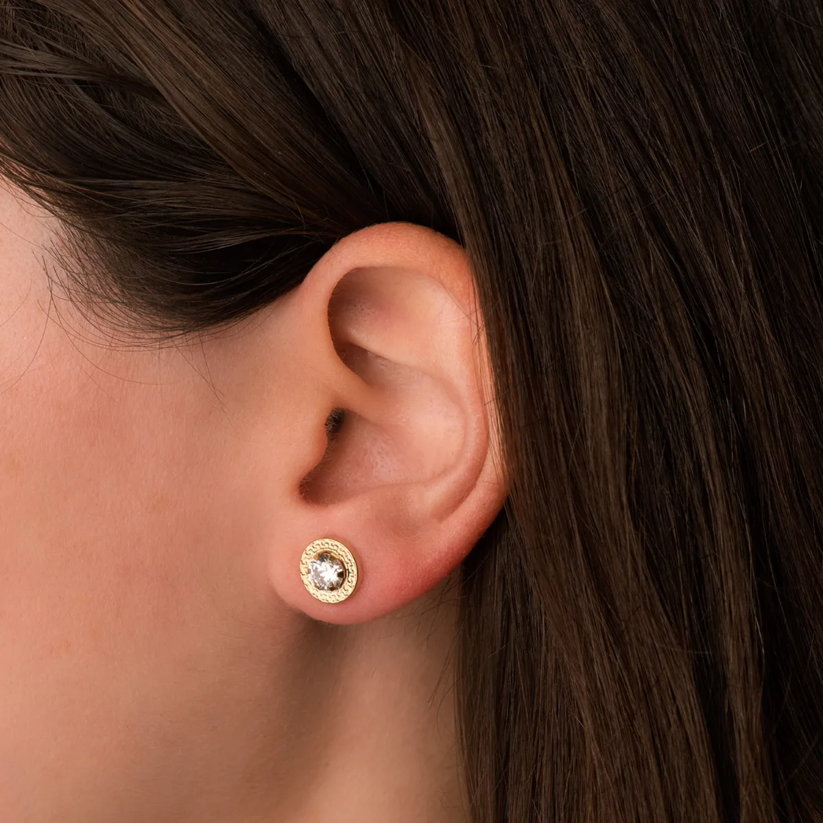 18K PENDIENTES ORO AMARILLO CERCO GRECA Y CIRCONITA GARRAS 5MM. 9 MM CIERRE PRESION — vista 3