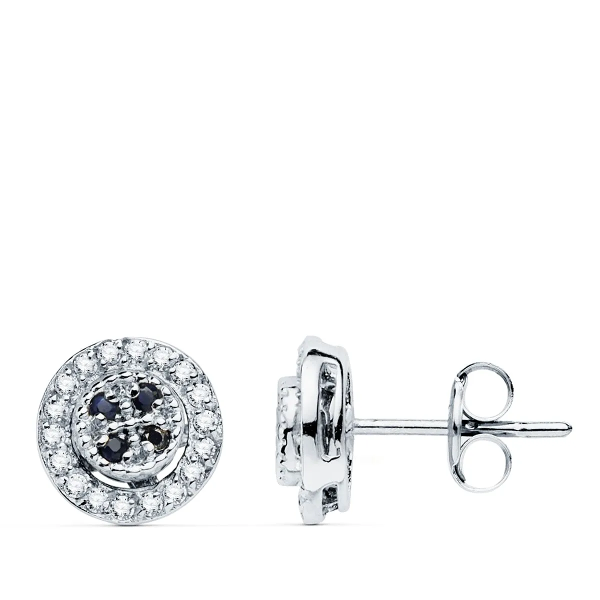 18K PENDIENTES ORO BLANCO REDONDO CIRCONITA Y ZAFIROS 8 MM CIERRE PRESION