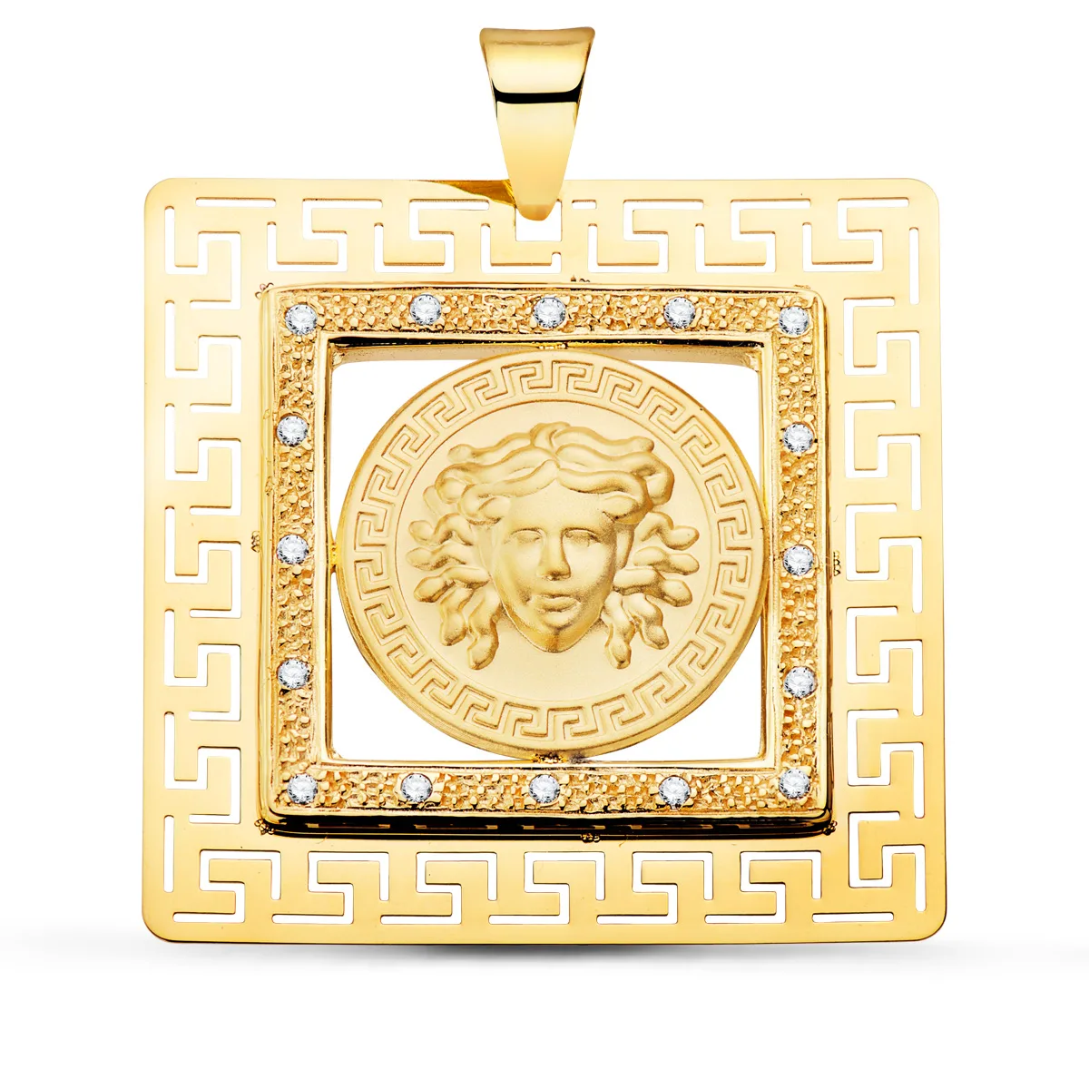 18K COLGANTE ORO AMARILLO CUADRADO MEDUSA Y GRECAS CON CIRCONITA 37X37 MM