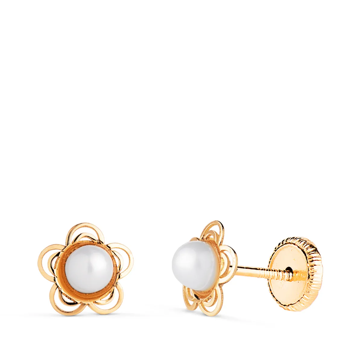 18K PENDIENTES ORO AMARILLO FLOR CALADA CON PERLA 3MM. MEDIDA: 6 MM.CIERRE TUERCA