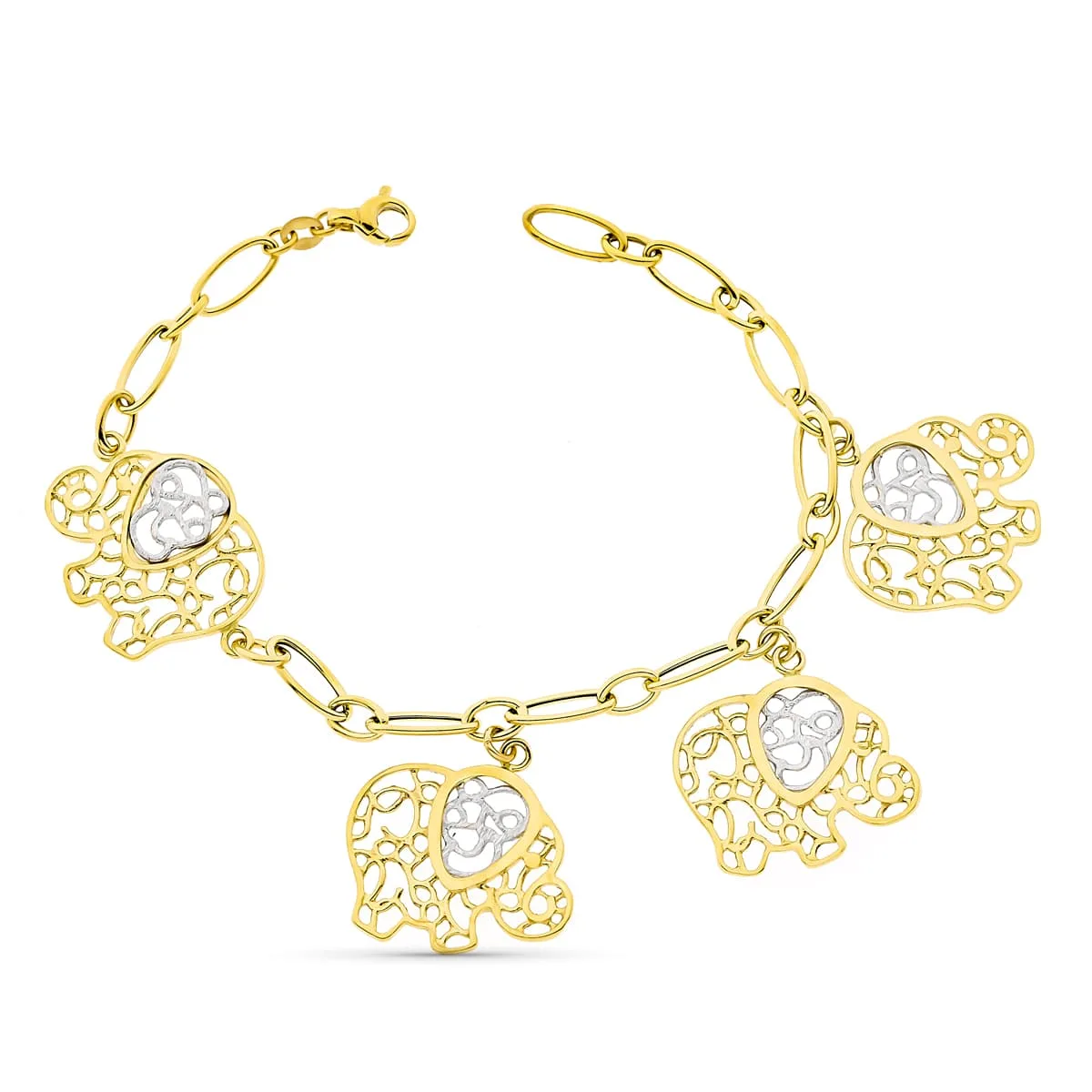 18K PULSERA BICOLOR ELEFANTES. ANCHO 18 MM LARGO 19.5 CM