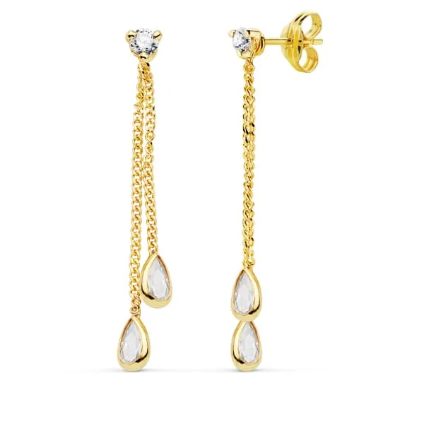 18K PENDIENTES ORO AMARILLO DOBLE CADENITA Y PIEDRAS CIERRE PRESION