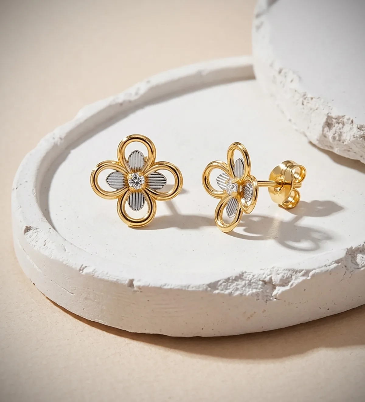 18K PENDIENTES ORO BICOLOR CUATREBOL CON CIRCONITAS. MEDIDA: 8X8 MM. CIERR PRESION — vista 2