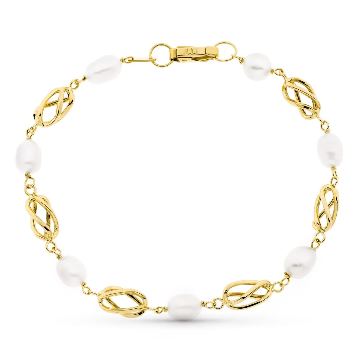 18K PULSERA ORO AMARILLO CON PERLA Y JAULAS