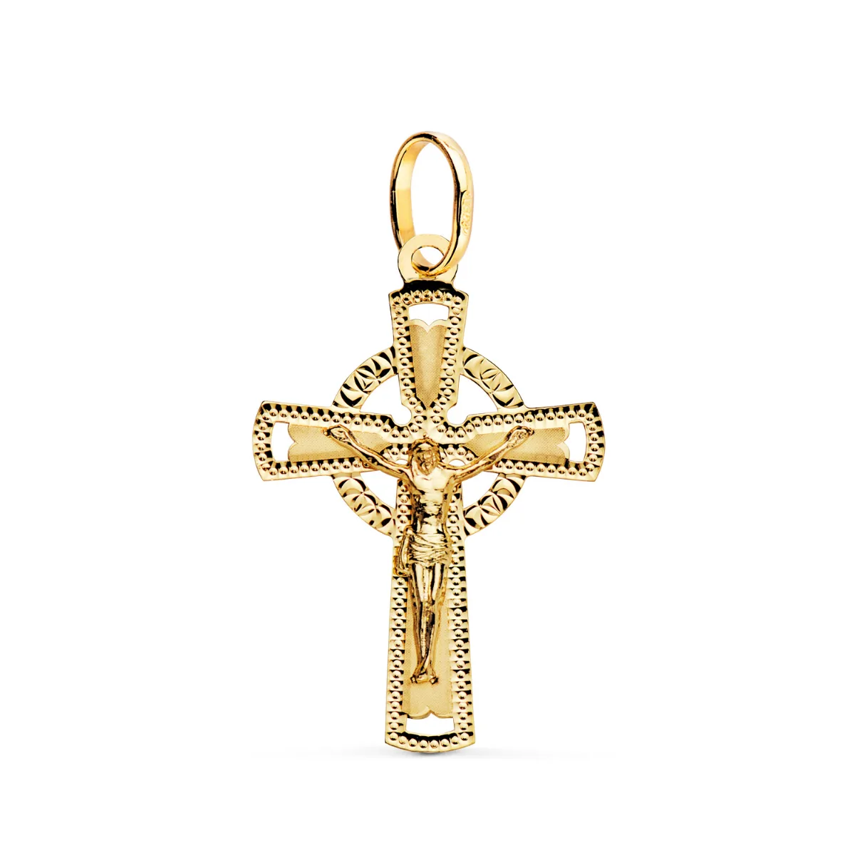 18K CRUZ ORO AMARILLO CON CRISTO TALLADA 28 X 18 MM