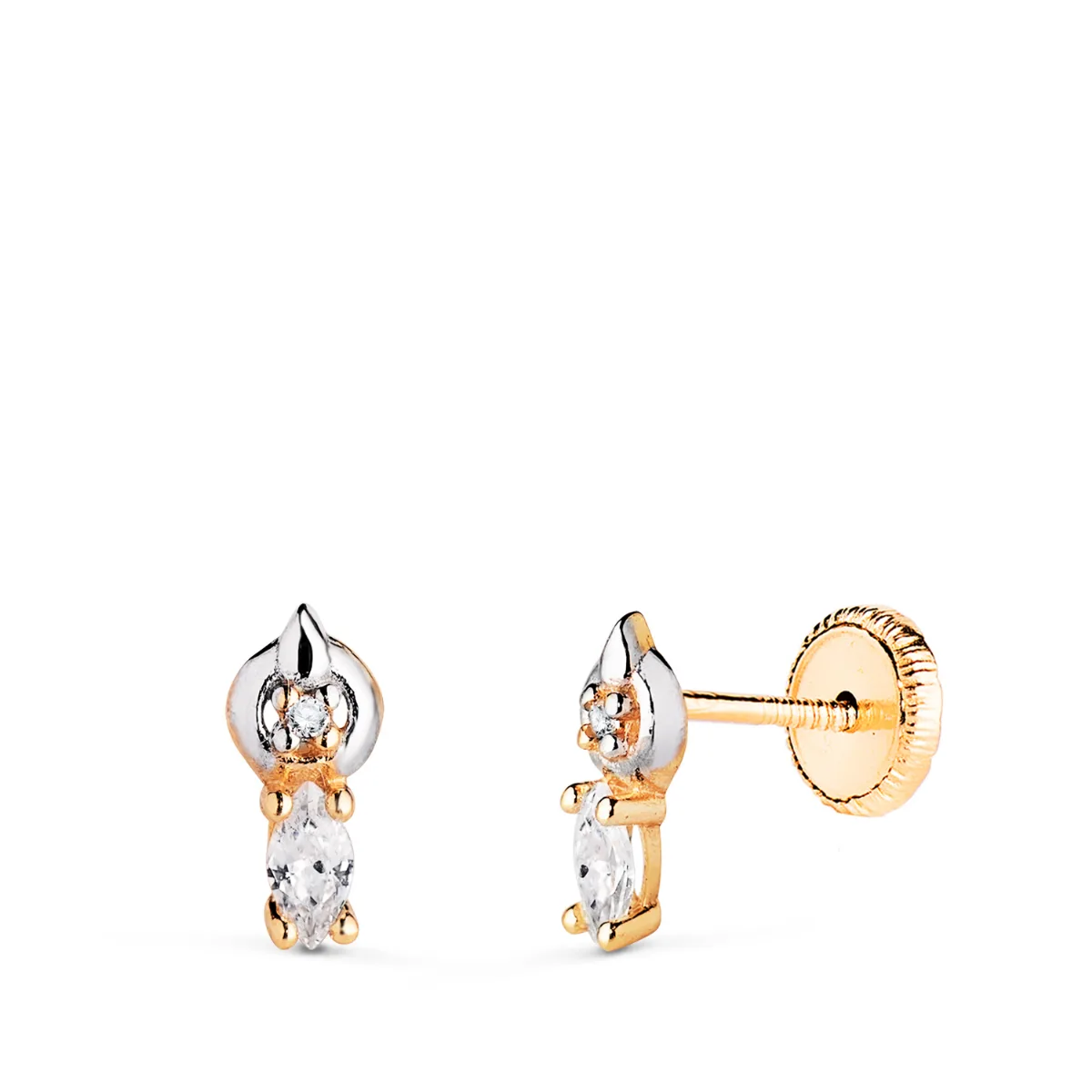 18K PENDIENTES ORO BICOLOR MOTIVO CON CIRCONITAS. MEDIDA: 8 X 4 MM. CIERRE TUERCA
