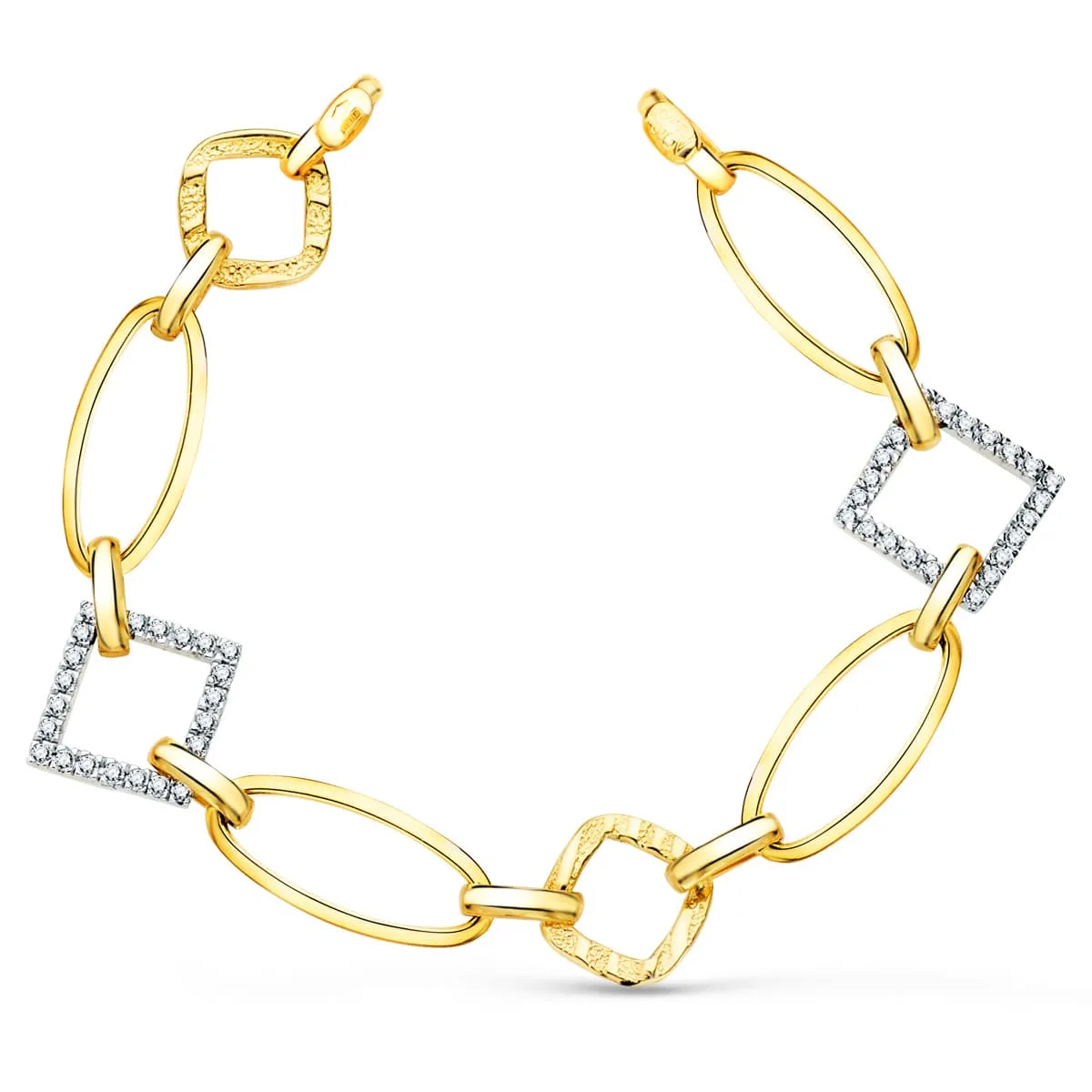 18K PULSERA ORO BICOLOR ESLABONES Y CIRCONITA ANCHO 16 MM LARGO 17CM