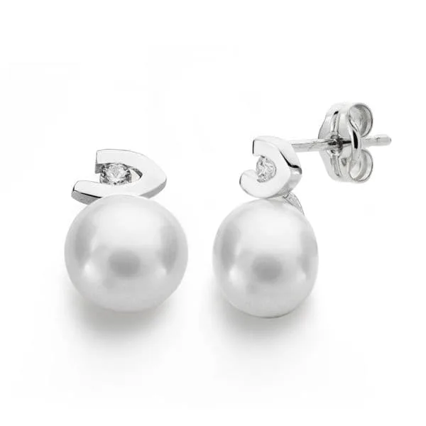 18K PENDIENTES ORO BLANCO PERLA CIRCONITA 12X7 MM CIERRE PRESION