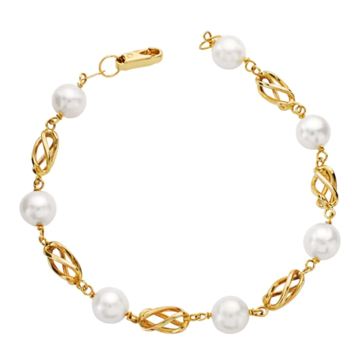 18K PULSERA ORO AMARILLO PERLA REDONDAS DE 8.5 MM Y JAULAS DE ORO 19CM