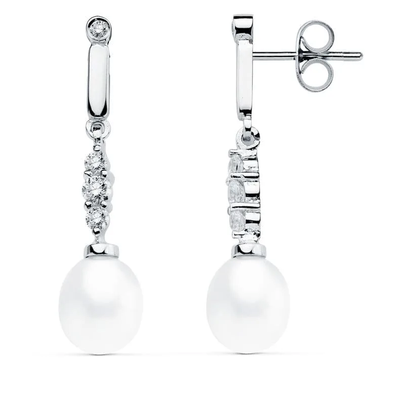 18K PENDIENTES ORO BLANCO PERLA 31X7 MM CIERRE PRESION
