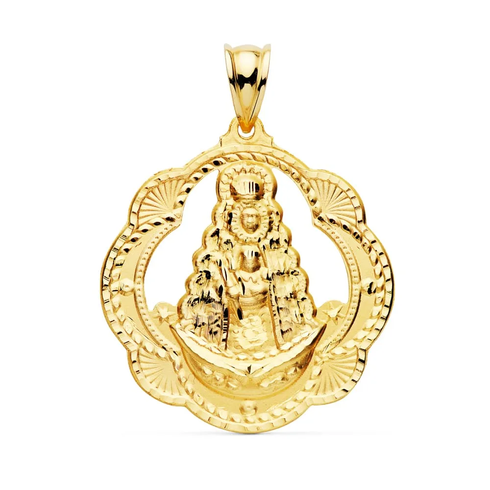 18K MEDALLA ORO AMARILLO VIRGEN DEL ROCIO PANDERETA 35X33 MM